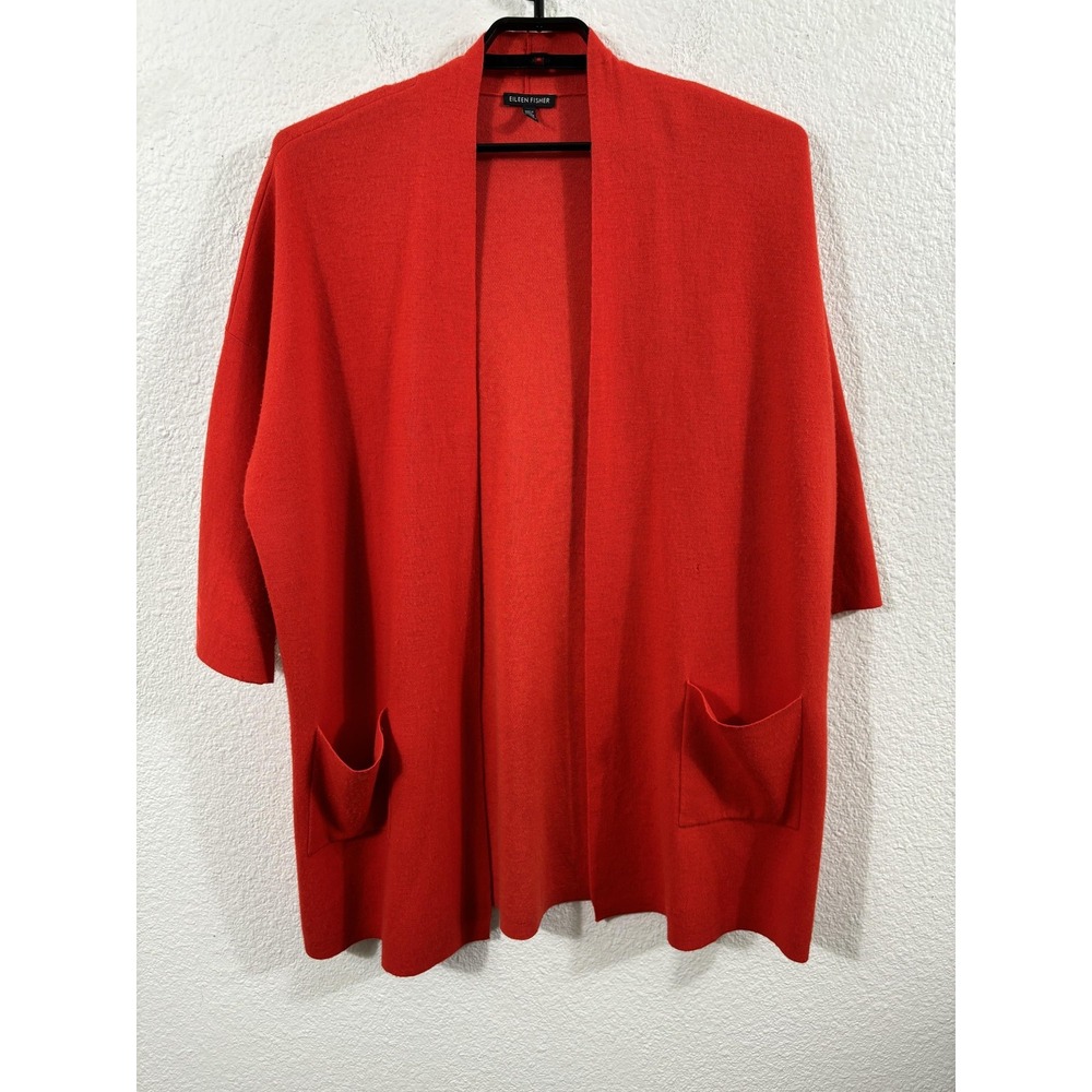 Eileen Fisher Sweater Womens XL Orange Open Front Cardigan Merino Wool Pockets‎